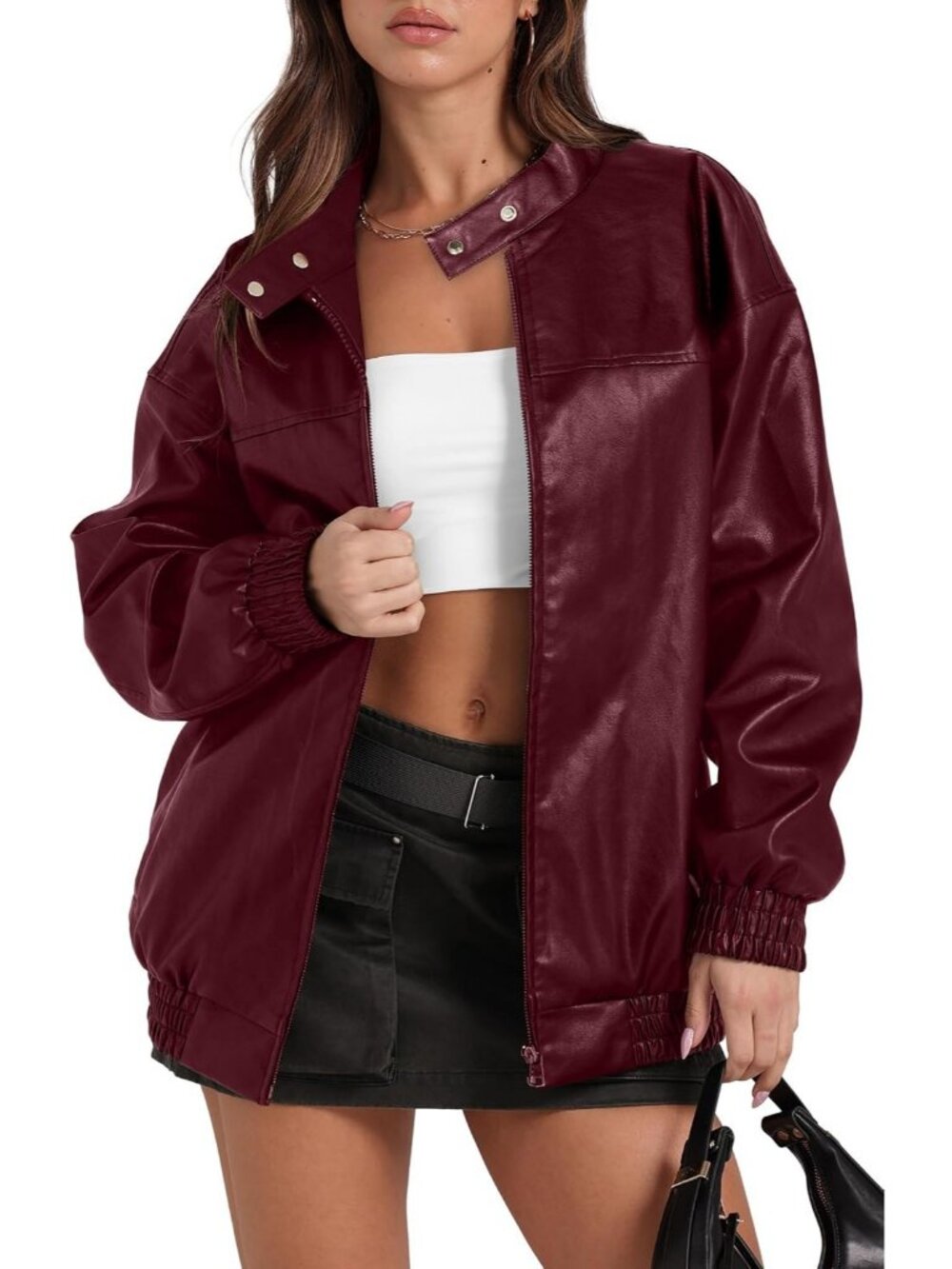 Women's Red Faux Leather Baggy Oversized Zip Up Motorcycle Classic Bomber Jacket